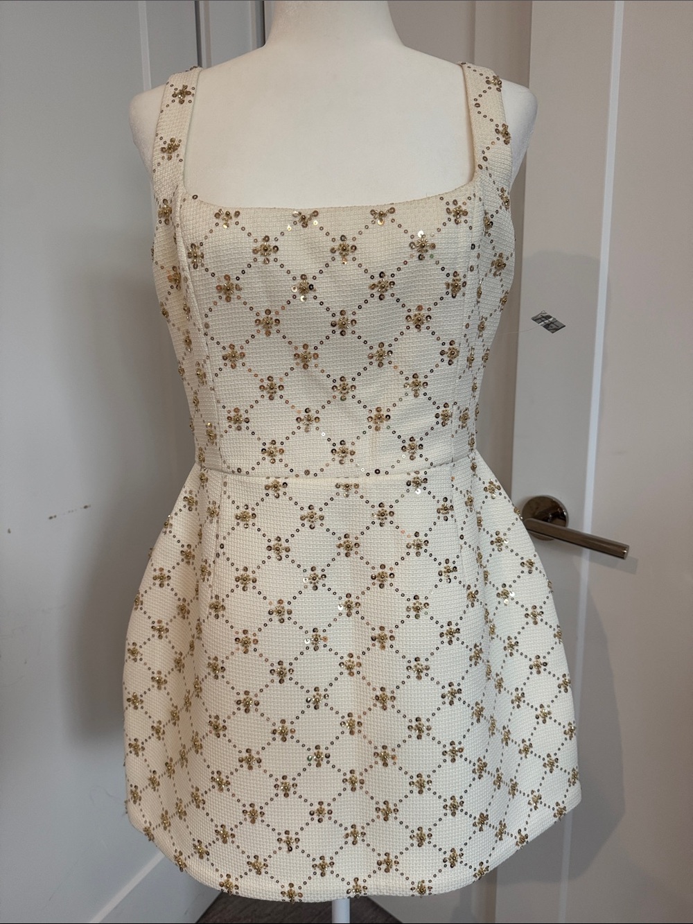 NADINE MERABI Sofia Diamond Print Cream Mini Dress with Gold Sequin Lattice